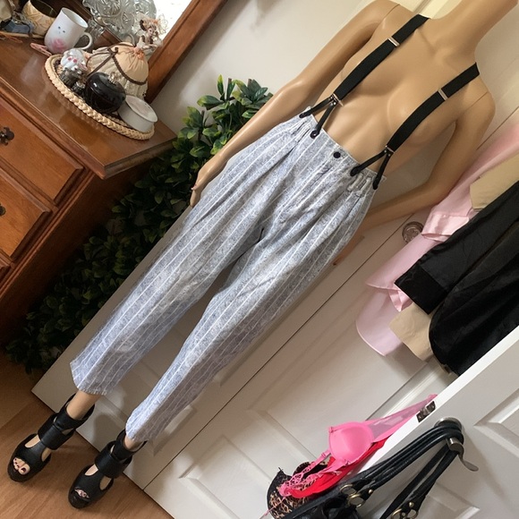 Vtg 80s striped denim pleated front suspender jeans 26 waist - Picture 9 of 13